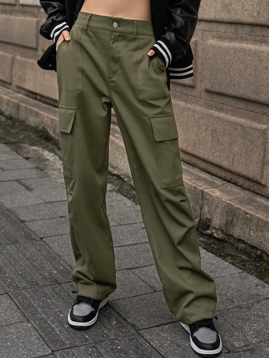SHEIN Pantalones cargo unicolor con bolsillo oblicuo - Verde militar - Ver 1