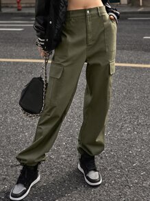 SHEIN Pantalones cargo unicolor con bolsillo oblicuo - Verde militar - Ver 4