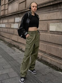 SHEIN Pantalones cargo unicolor con bolsillo oblicuo - Verde militar - Ver 5