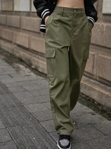 SHEIN Pantalones cargo unicolor con bolsillo oblicuo - Verde militar - Ver 6