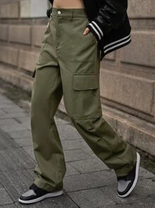 SHEIN Pantalones cargo unicolor con bolsillo oblicuo - Verde militar - Ver 7