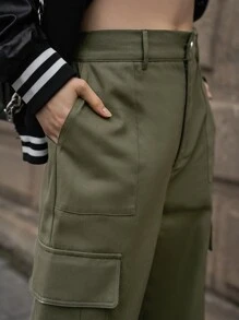 SHEIN Pantalones cargo unicolor con bolsillo oblicuo - Verde militar - Ver 8
