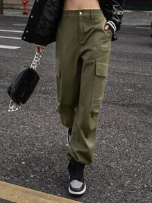 SHEIN Pantalones cargo unicolor con bolsillo oblicuo - Verde militar - Ver 9
