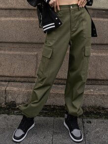 SHEIN Pantalones cargo unicolor con bolsillo oblicuo - Verde militar - Ver 10