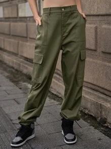 SHEIN Pantalones cargo unicolor con bolsillo oblicuo - Verde militar - Ver 11
