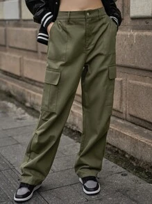 SHEIN Pantalones cargo unicolor con bolsillo oblicuo - Verde militar - Ver 12