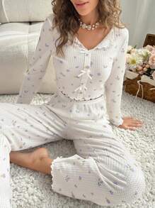 CottageSlumber Ditsy Floral Print Lettuce Trim PJ Set / Pajama Set, Fall Clothes - White - View 5