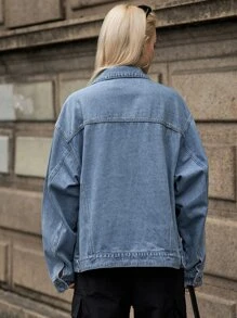 SHEIN 翻蓋口袋前紐扣牛仔夾克 - 淺色水洗藍 - 查看 2