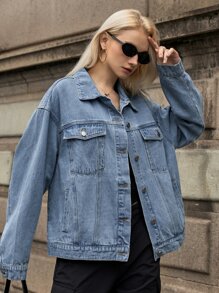 SHEIN 翻蓋口袋前紐扣牛仔夾克 - 淺色水洗藍 - 查看 4