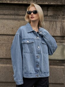 SHEIN 翻蓋口袋前紐扣牛仔夾克 - 淺色水洗藍 - 查看 6