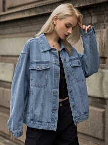 SHEIN 翻蓋口袋前紐扣牛仔夾克 - 淺色水洗藍 - 查看 7