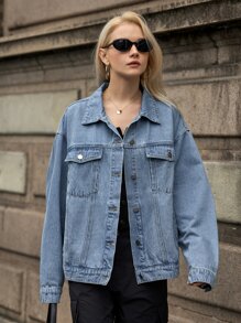 SHEIN 翻蓋口袋前紐扣牛仔夾克 - 淺色水洗藍 - 查看 8