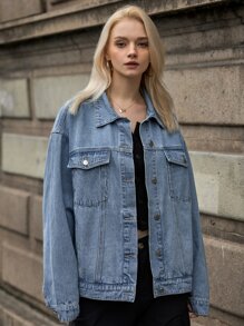 SHEIN 翻蓋口袋前紐扣牛仔夾克 - 淺色水洗藍 - 查看 9