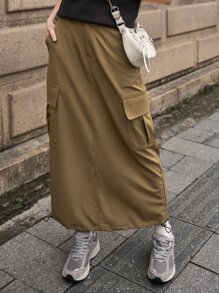 SHEIN Flap Pocket Side Cargo Skirt - Khaki - View 1