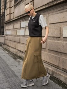 SHEIN Flap Pocket Side Cargo Skirt - Khaki - View 5