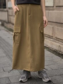 SHEIN Flap Pocket Side Cargo Skirt - Khaki - View 8