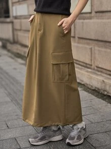 SHEIN Flap Pocket Side Cargo Skirt - Khaki - View 9