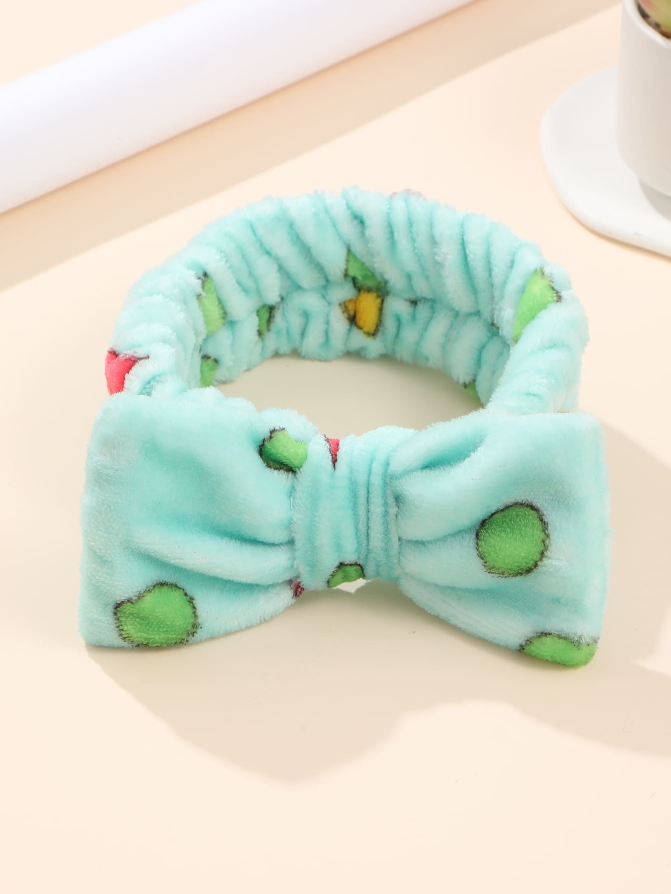 1pc Polka Dot Pattern Bow Decor Fuzzy Bath Headband, Polyester Soft Wristlet For Bathroom - Green - View 1