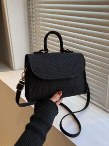 Mini Snakeskin Embossed Flap Square Bag - Black - View 1