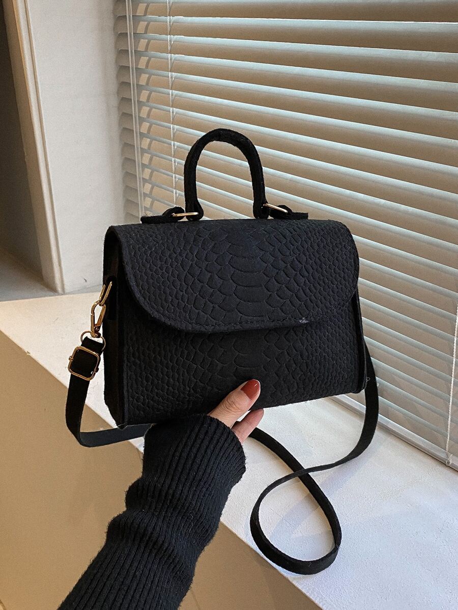 Mini Snakeskin Embossed Flap Square Bag - Black - View 1