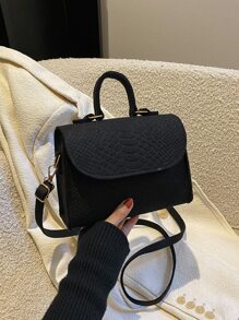 Mini Snakeskin Embossed Flap Square Bag - Black - View 2