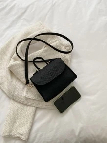 Mini Snakeskin Embossed Flap Square Bag - Black - View 6