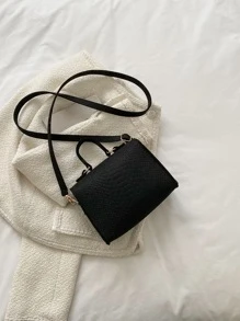 Mini Snakeskin Embossed Flap Square Bag - Black - View 7