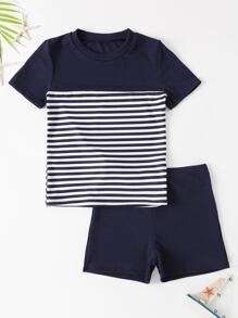 Boys Striped Beach Swimsuit - Blue and White - View 1