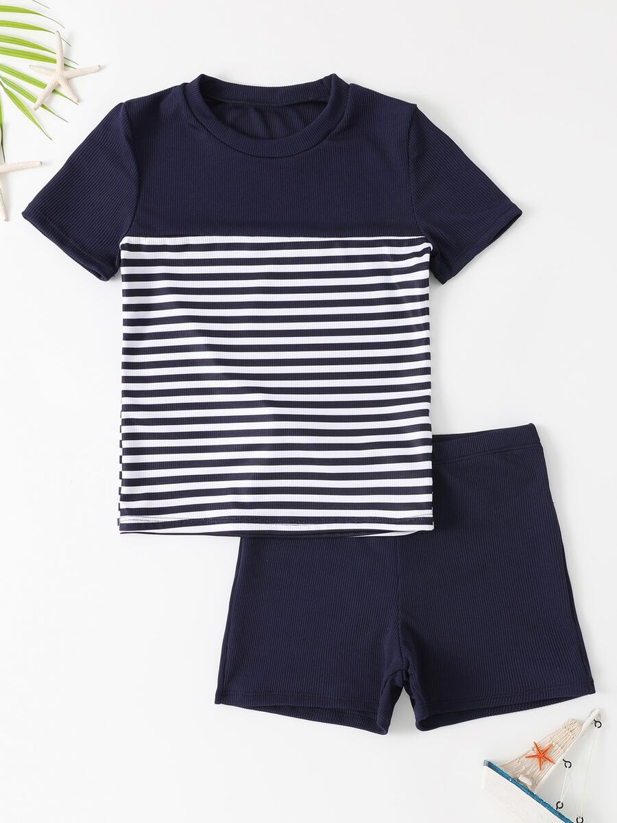 Boys Striped Beach Swimsuit - Blue and White - View 1