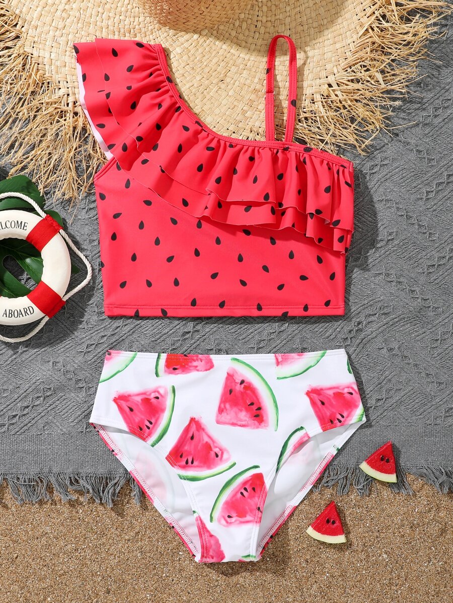 SHEIN Conjunto de bikini con estampado de sandía y ribete de volantes para niña preadolescente, para el verano y la playa - Rojo y blanco - Ver 1