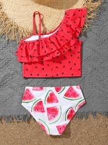 SHEIN Conjunto de bikini con estampado de sandía y ribete de volantes para niña preadolescente, para el verano y la playa - Rojo y blanco - Ver 2