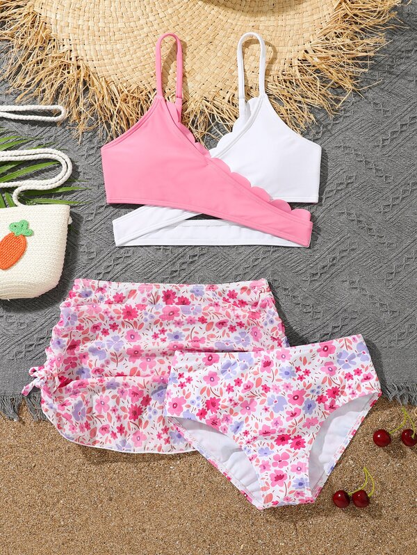 Tween Girl 3 件装花卉印花裹身比基尼套装 带沙滩裙 夏季海滩