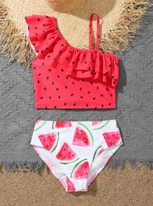SHEIN Conjunto de bikini con estampado de sandía y ribete de volantes para niña preadolescente, para el verano y la playa - Rojo y blanco - Ver 5