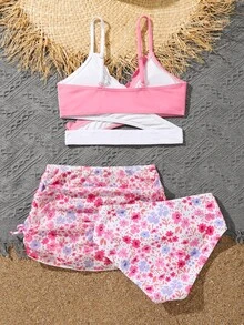 Tween Girl 3 件装花卉印花裹身比基尼套装 带沙滩裙 夏季海滩 - 彩色 - 查看 2