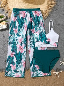 Tween Girl Tropical Print Bikini Set With Cover Up Summer Beach - Multicolor - View 1