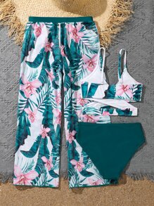 Tween Girl Tropical Print Bikini Set With Cover Up Summer Beach - Multicolor - View 2