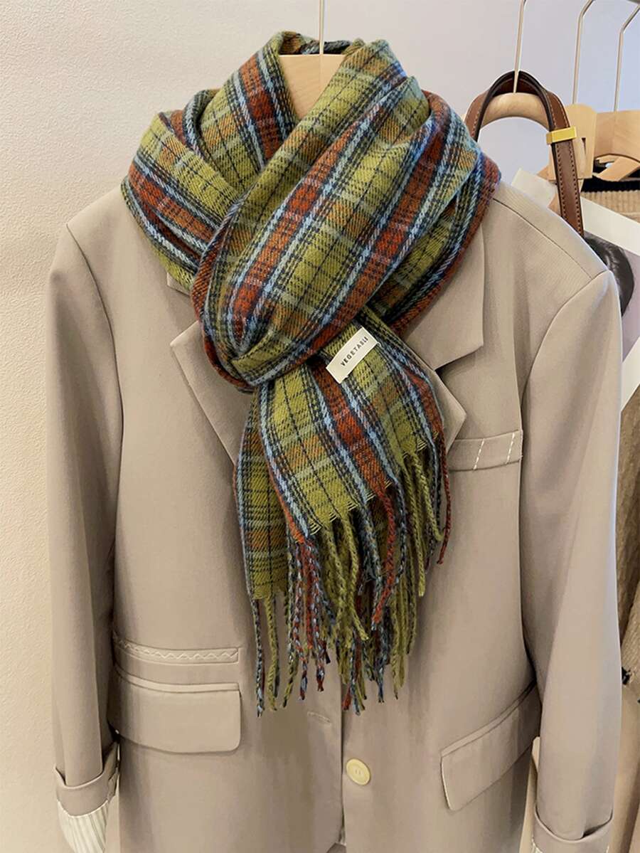 Plaid Pattern Fringe Trim Scarf - Multicolor - View 1