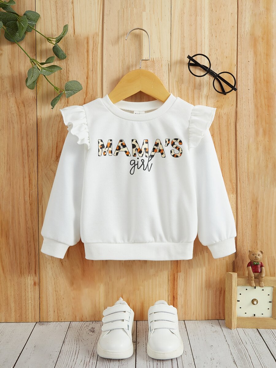 SHEIN Baby Letter & Leopard Print Ruffle Trim Sweatshirt - White - View 1
