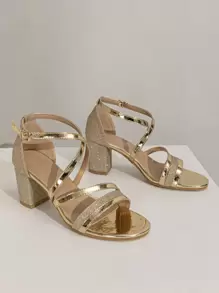 女士夏季新款法式时尚粗跟露趾凉鞋 - 金色 - 查看 5