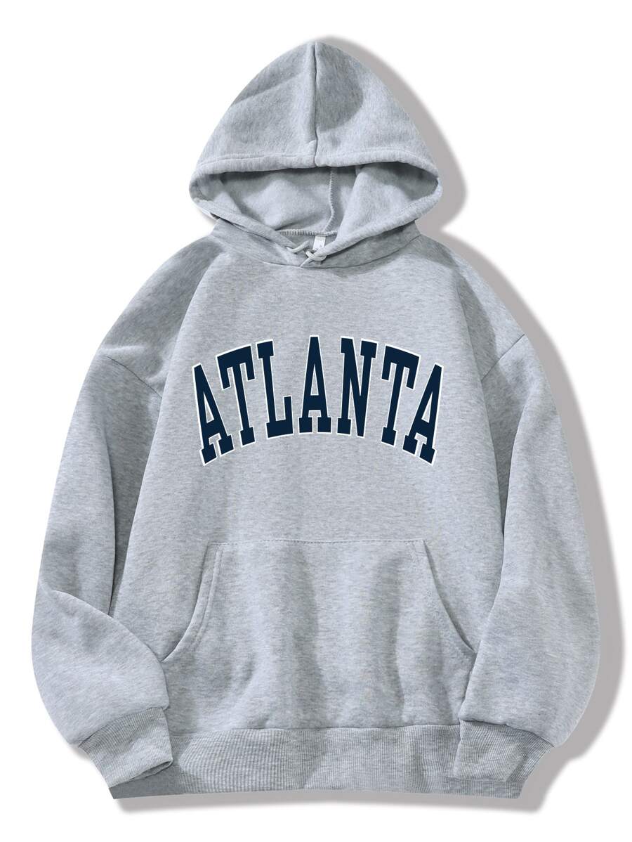 INAWLY Letter Graphic Kangaroo Pocket Drawstring Thermal Hoodie