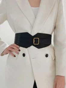 鱷魚壓紋方形扣鬆緊腰帶 - 黑色 - 查看 1