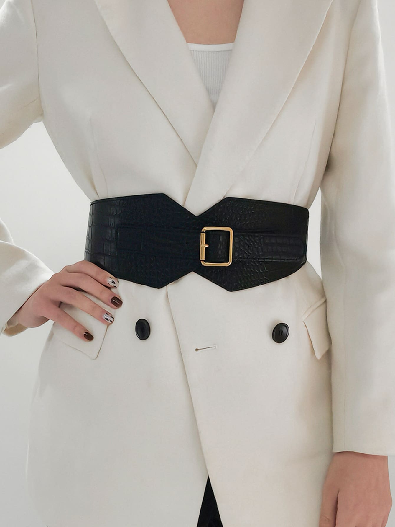 鱷魚壓紋方形扣鬆緊腰帶 - 黑色 - 查看 1