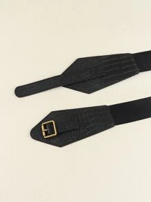 鱷魚壓紋方形扣鬆緊腰帶 - 黑色 - 查看 5