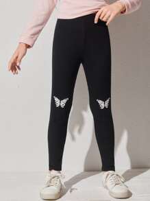 Girls Butterfly Print Leggings - Black - View 1