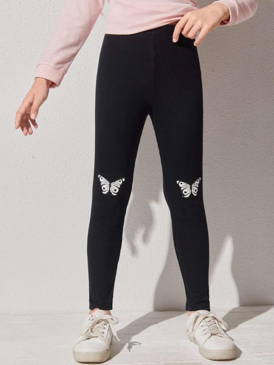 Girls Butterfly Print Leggings - Black - View 1