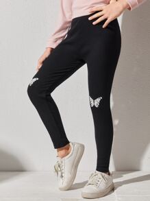 Girls Butterfly Print Leggings - Black - View 5