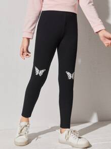 Girls Butterfly Print Leggings - Black - View 6