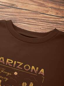 SHEIN LUNE 仙人掌和字母圖案保暖衛衣 - 咖啡棕 - 查看 3