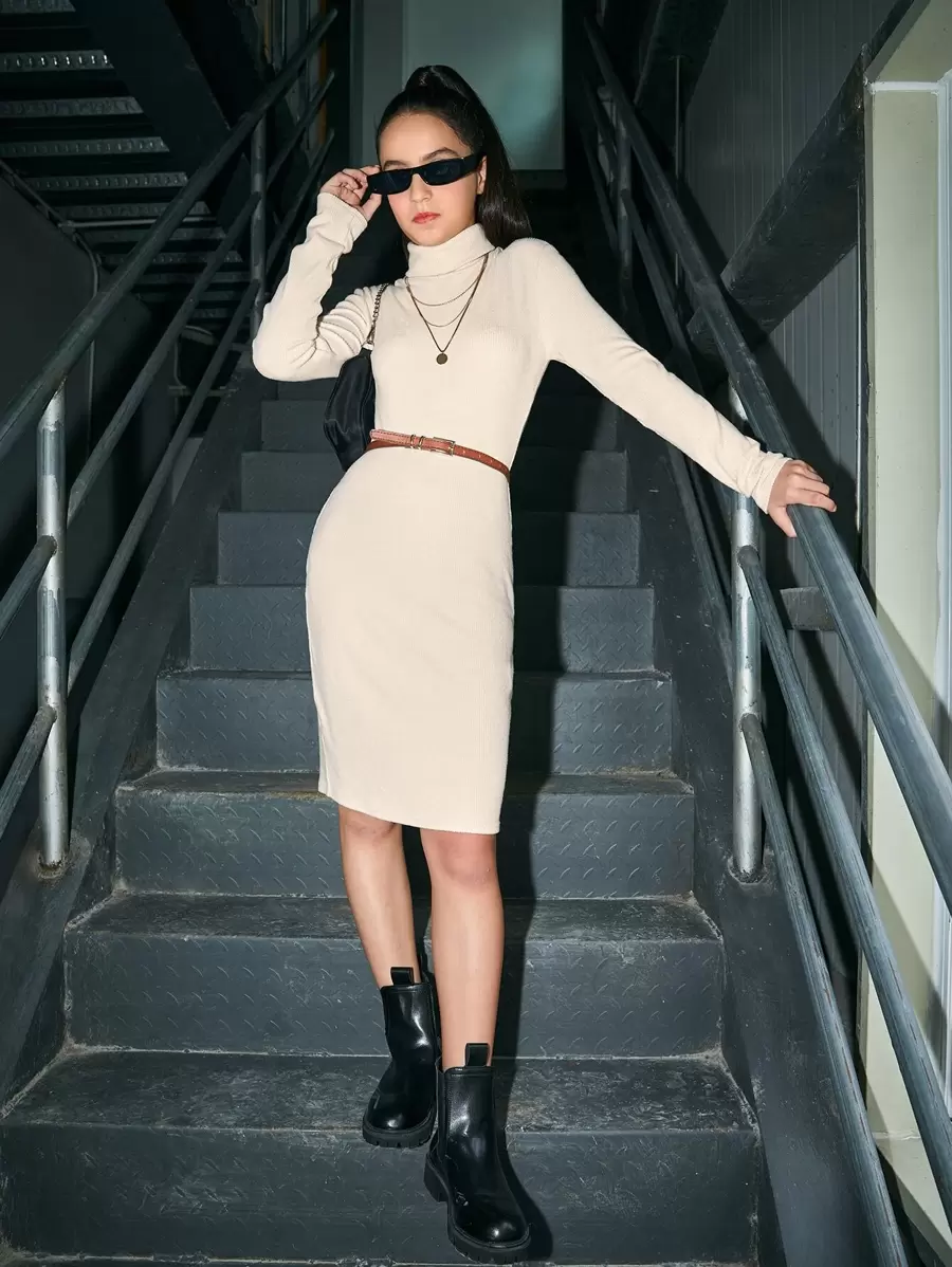 SHEIN Teen Girls High Neck Ribbed Knit Dress Without Belt - Apricot - View 1