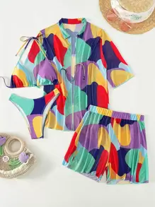 SHEIN Swim 帶覆蓋物全印花三角形露背比基尼泳裝 - 彩色 - 查看 1